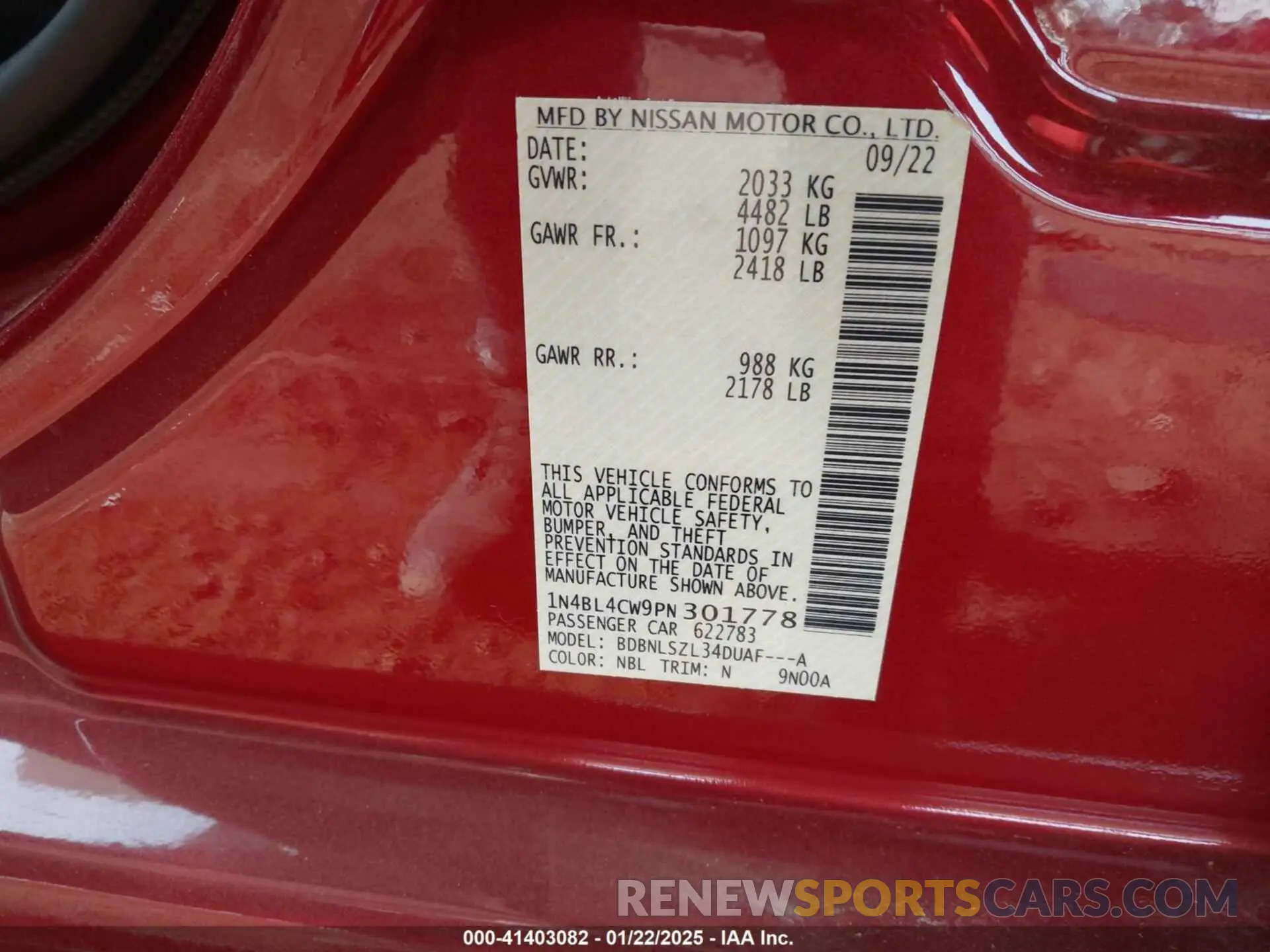 9 fotografías del automóvil dañado 1N4BL4CW9PN301778 NISSAN ALTIMA 2023