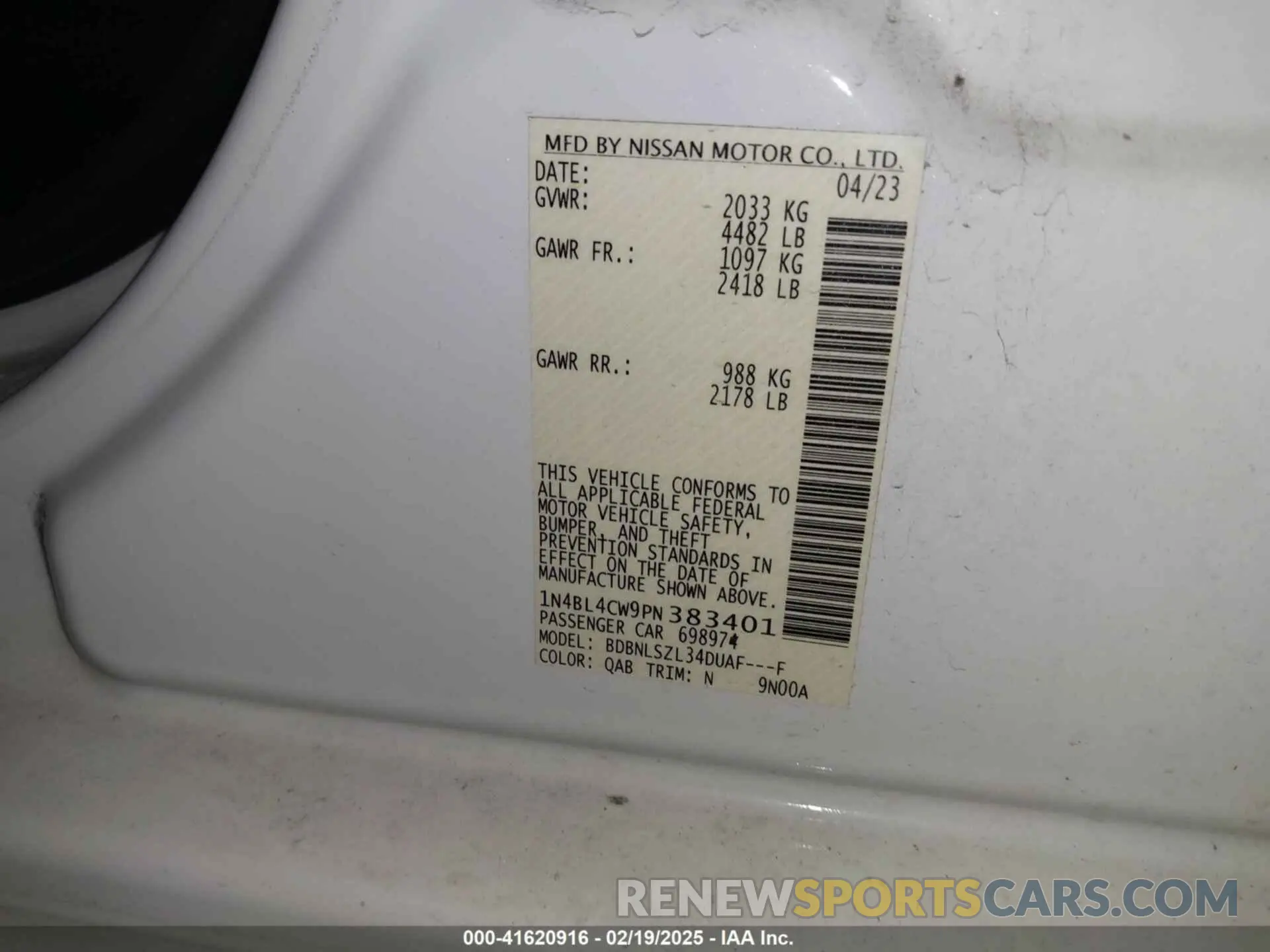 9 fotografías del automóvil dañado 1N4BL4CW9PN383401 NISSAN ALTIMA 2023