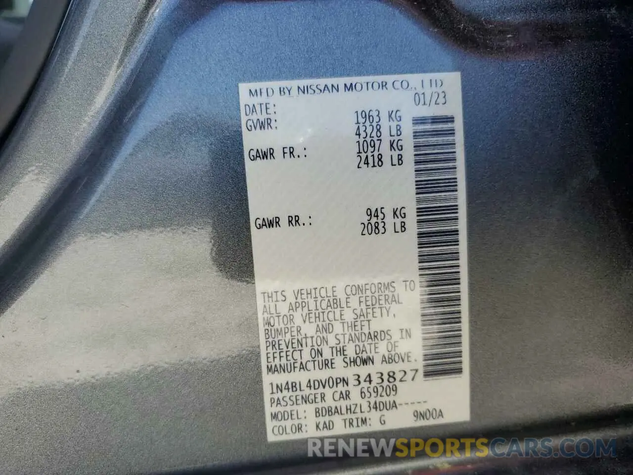 12 fotografías del automóvil dañado 1N4BL4DV0PN343827 NISSAN ALTIMA 2023
