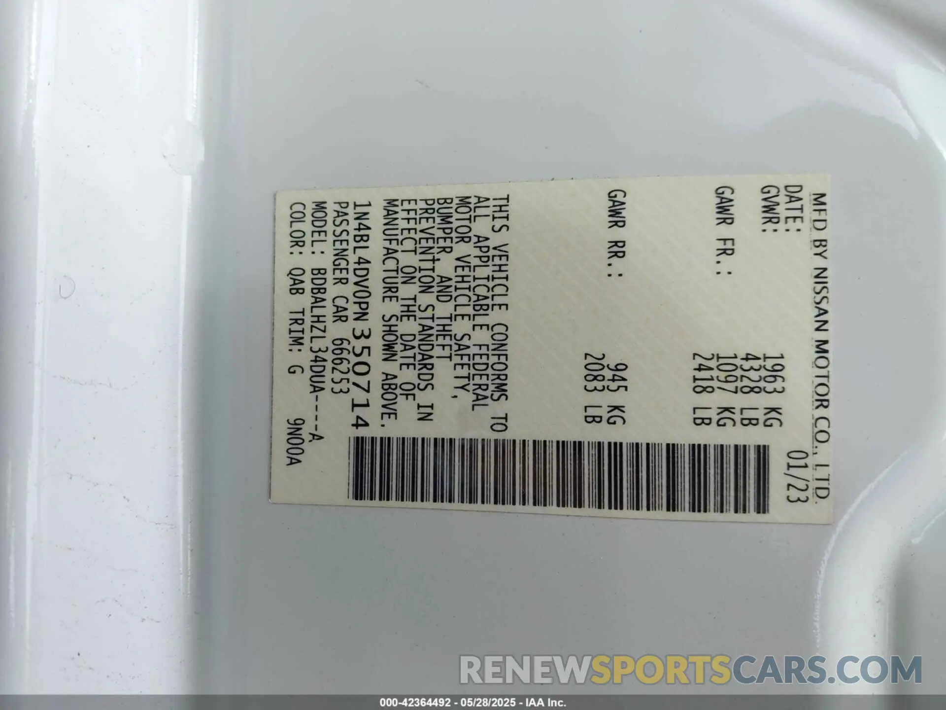9 fotografías del automóvil dañado 1N4BL4DV0PN350714 NISSAN ALTIMA 2023
