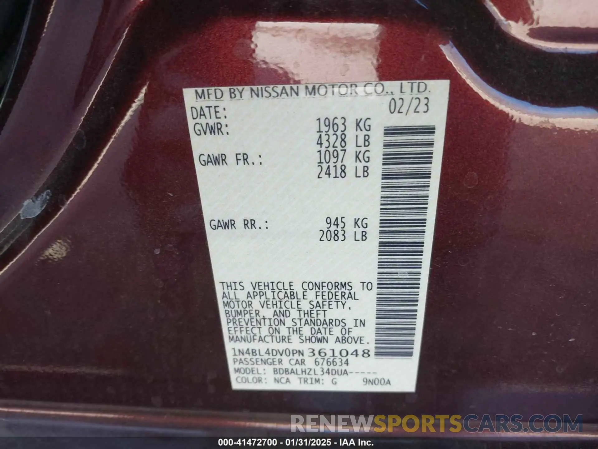 9 fotografías del automóvil dañado 1N4BL4DV0PN361048 NISSAN ALTIMA 2023