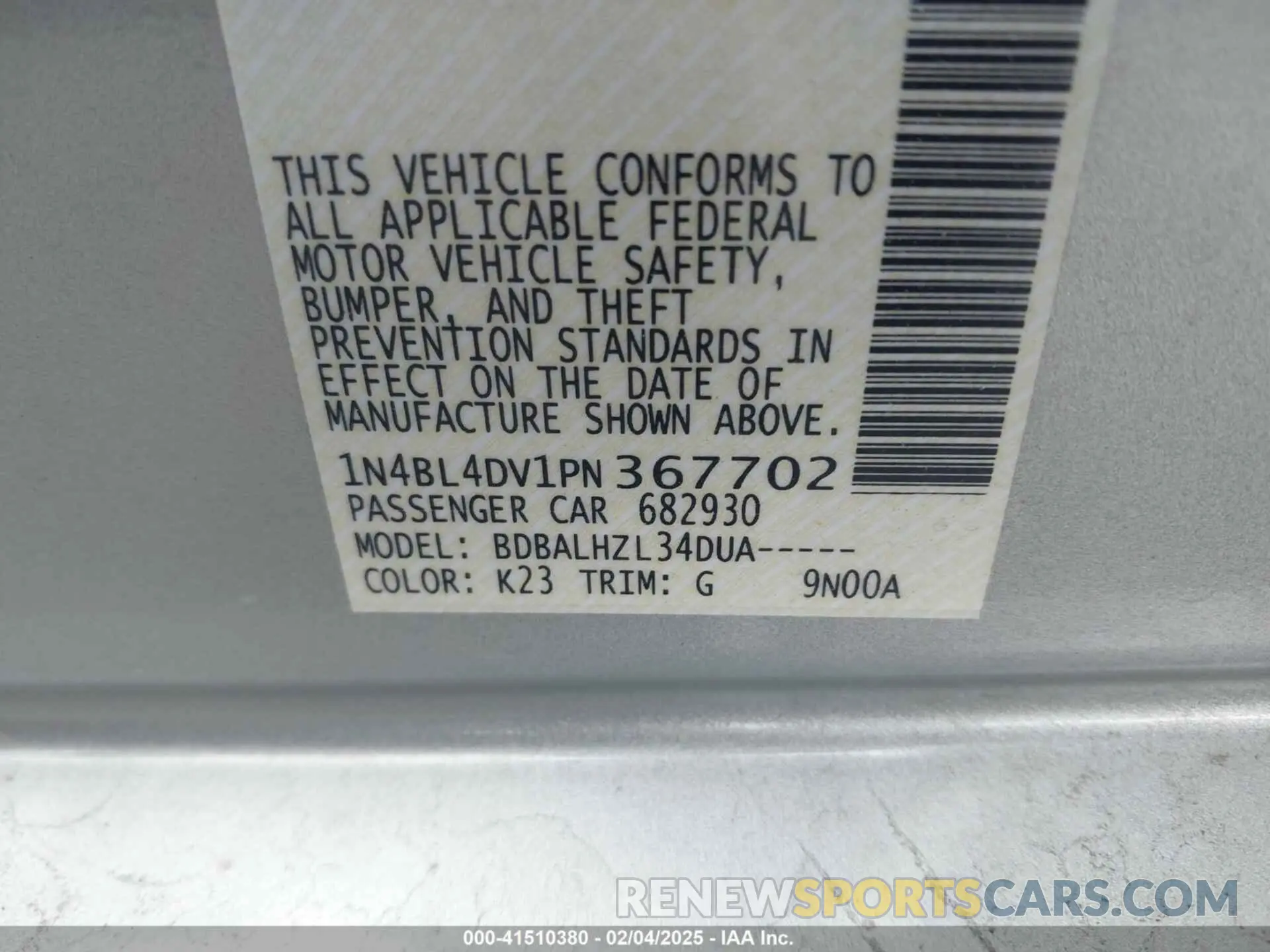 9 fotografías del automóvil dañado 1N4BL4DV1PN367702 NISSAN ALTIMA 2023