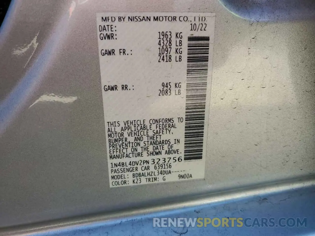 13 fotografías del automóvil dañado 1N4BL4DV2PN323756 NISSAN ALTIMA 2023