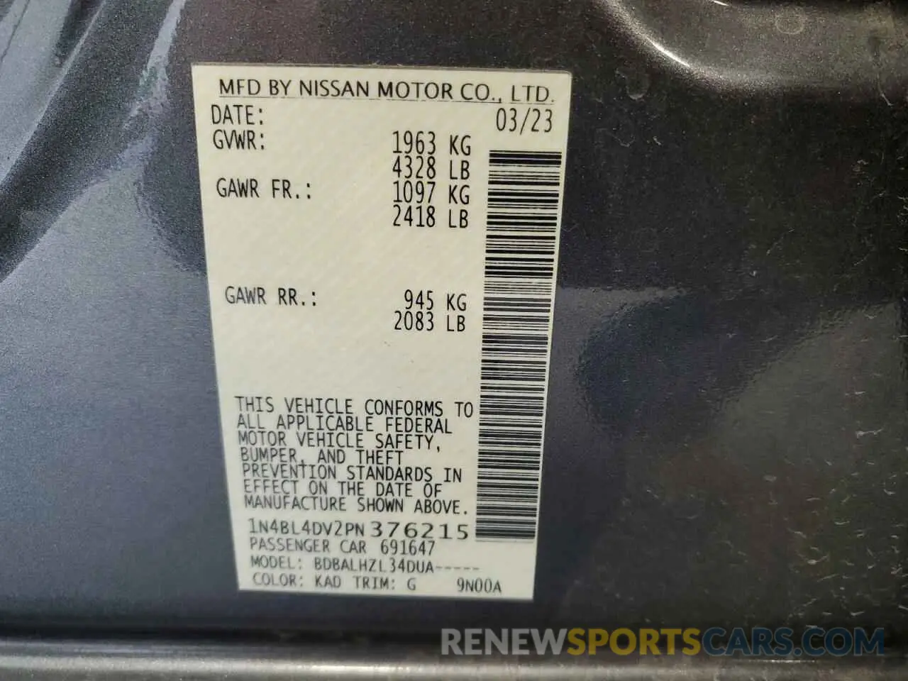 12 fotografías del automóvil dañado 1N4BL4DV2PN376215 NISSAN ALTIMA 2023