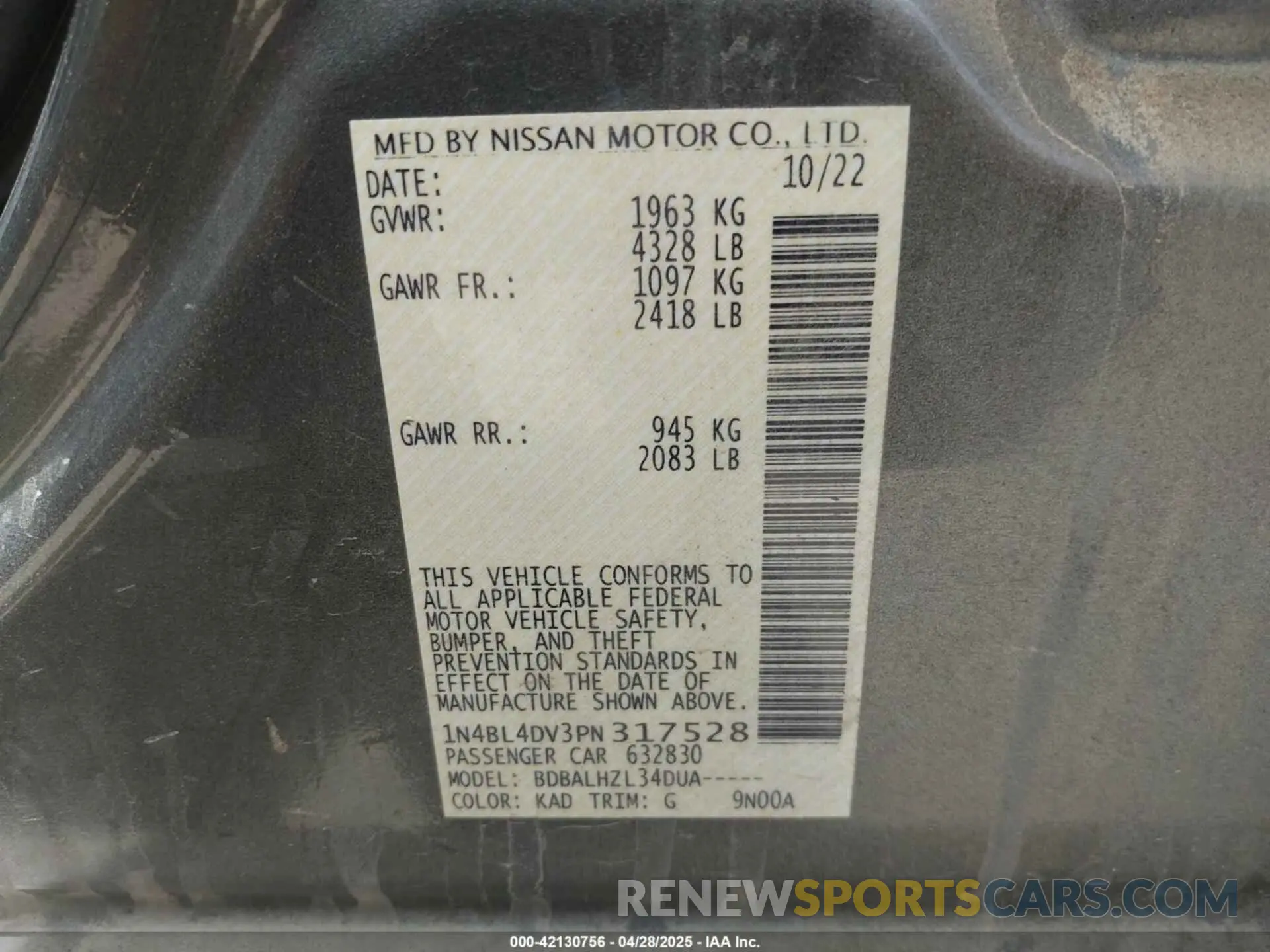 9 fotografías del automóvil dañado 1N4BL4DV3PN317528 NISSAN ALTIMA 2023