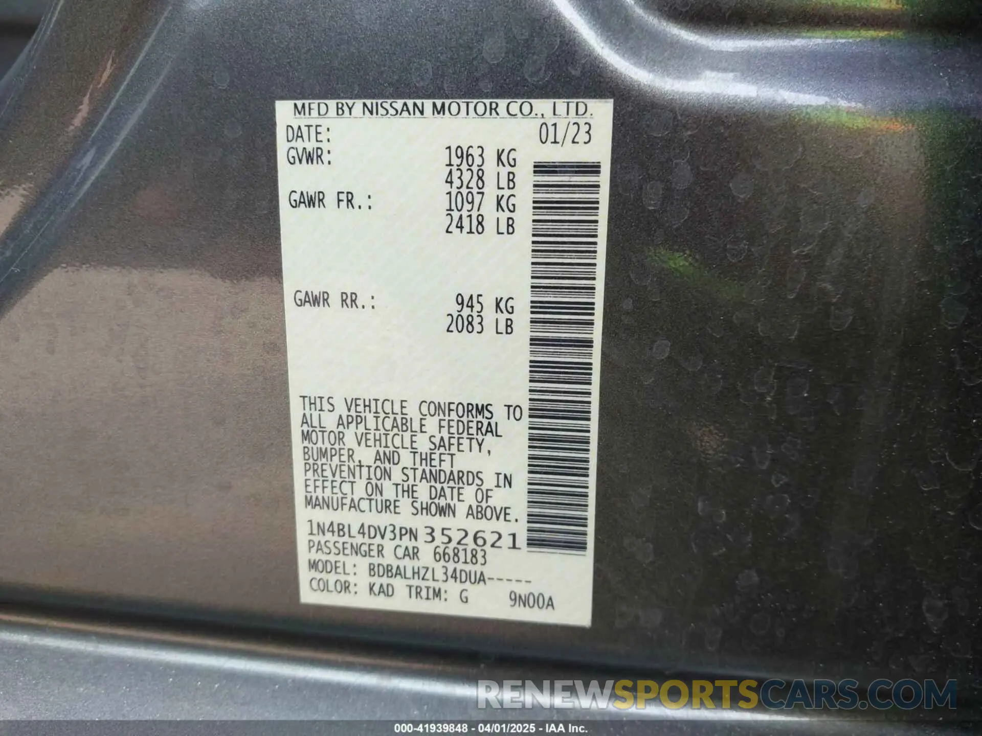 9 fotografías del automóvil dañado 1N4BL4DV3PN352621 NISSAN ALTIMA 2023