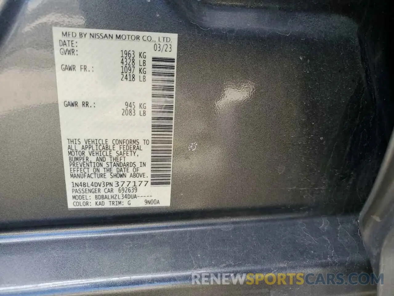 12 fotografías del automóvil dañado 1N4BL4DV3PN377177 NISSAN ALTIMA 2023