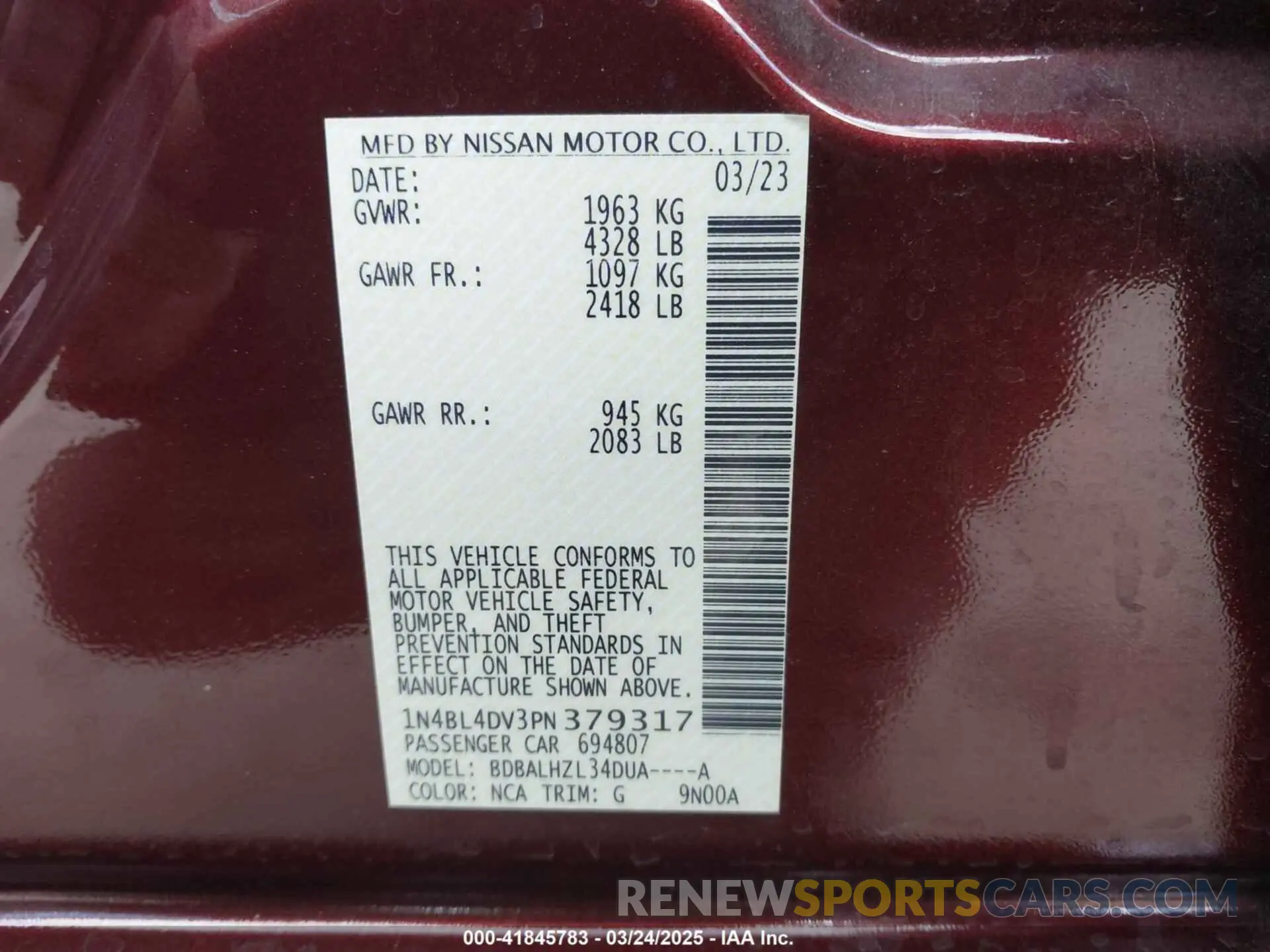 9 fotografías del automóvil dañado 1N4BL4DV3PN379317 NISSAN ALTIMA 2023
