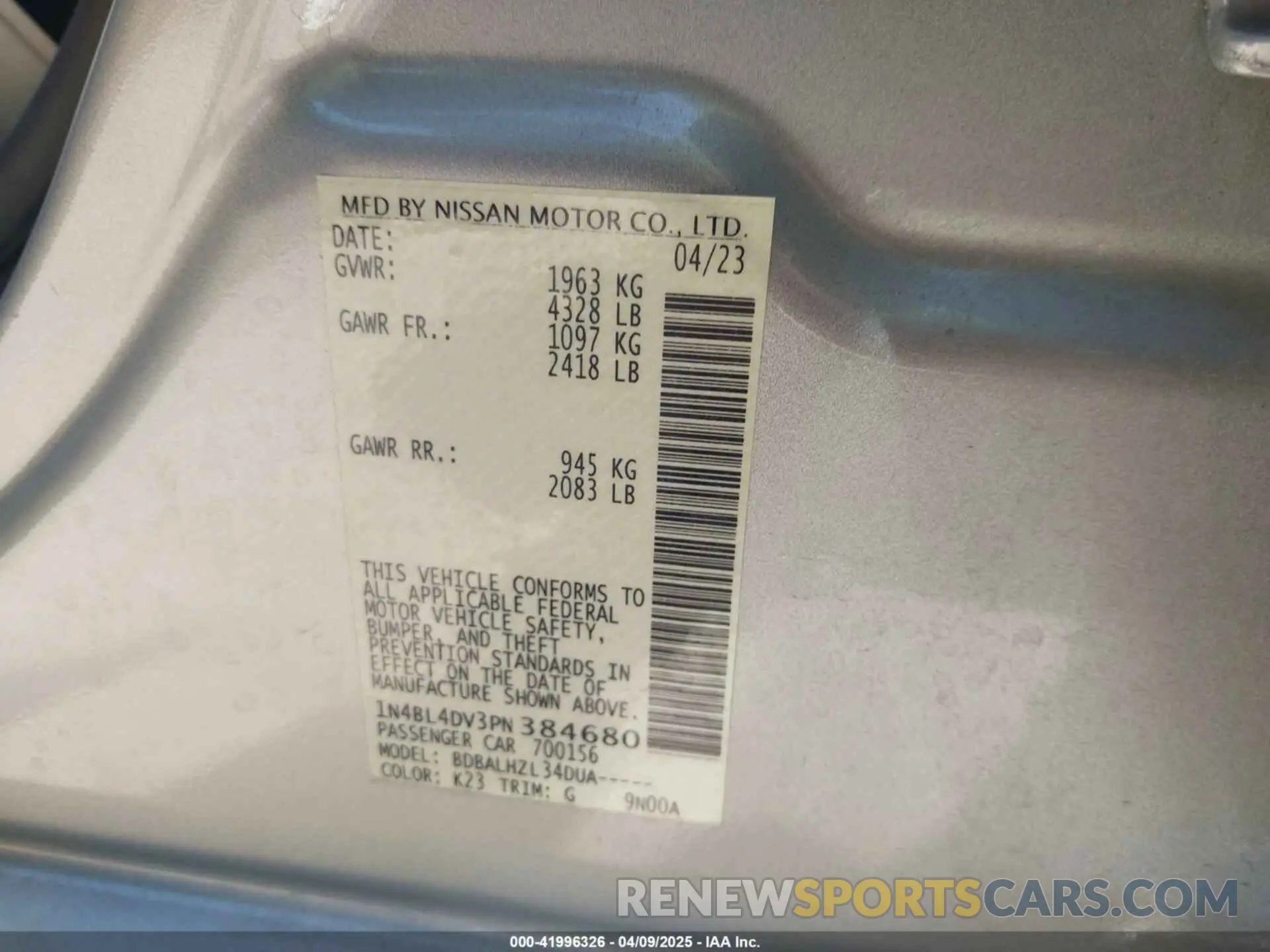 9 fotografías del automóvil dañado 1N4BL4DV3PN384680 NISSAN ALTIMA 2023