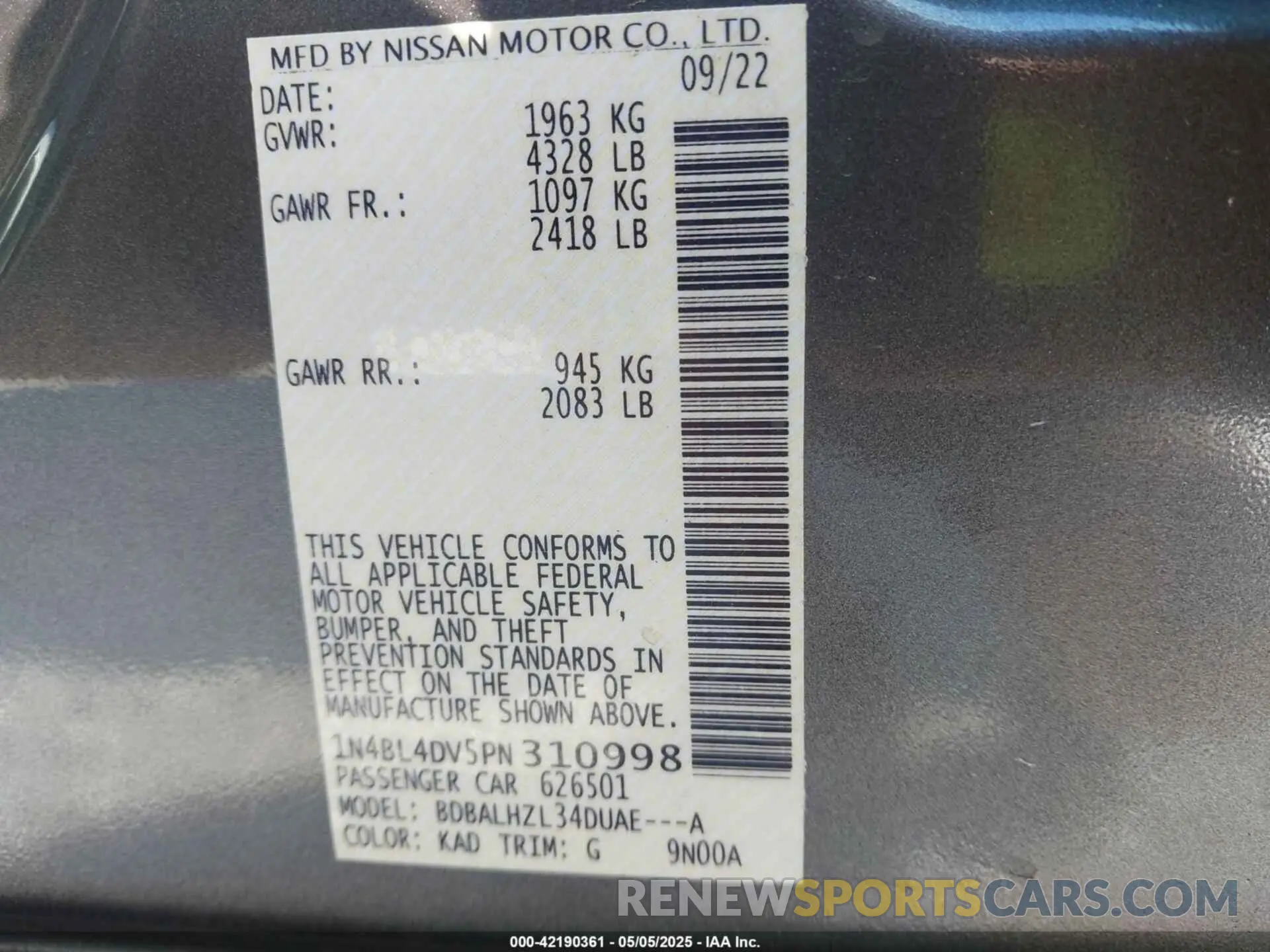 9 fotografías del automóvil dañado 1N4BL4DV5PN310998 NISSAN ALTIMA 2023