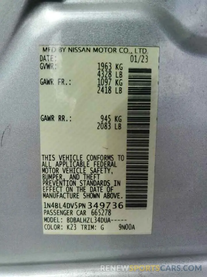12 fotografías del automóvil dañado 1N4BL4DV5PN349736 NISSAN ALTIMA 2023