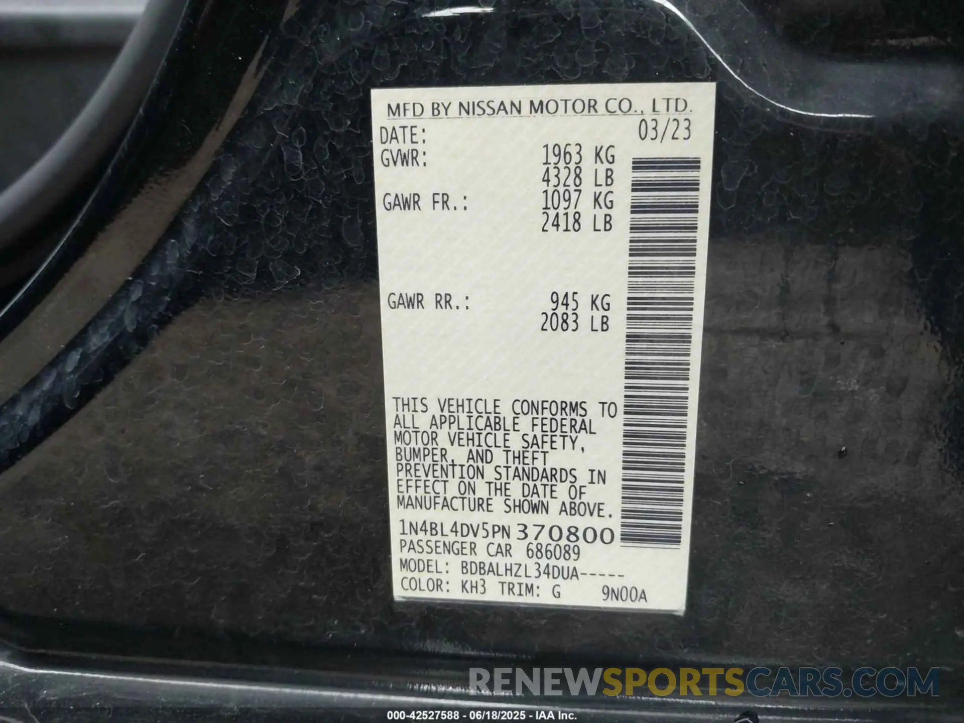 9 fotografías del automóvil dañado 1N4BL4DV5PN370800 NISSAN ALTIMA 2023