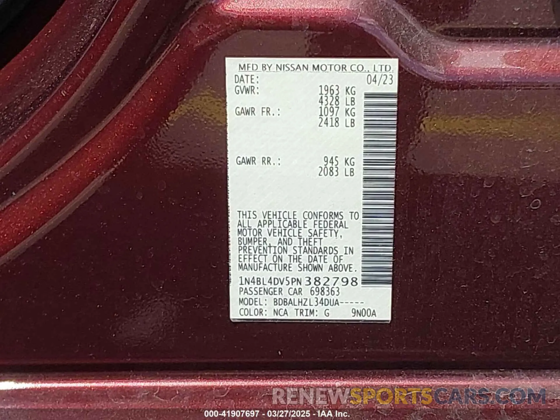 9 fotografías del automóvil dañado 1N4BL4DV5PN382798 NISSAN ALTIMA 2023