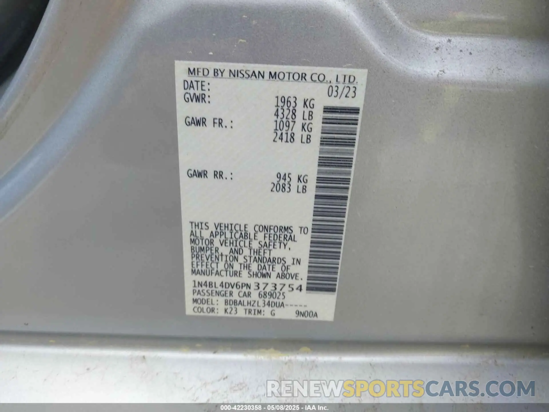 9 fotografías del automóvil dañado 1N4BL4DV6PN373754 NISSAN ALTIMA 2023