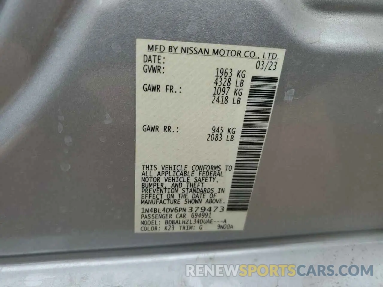 14 fotografías del automóvil dañado 1N4BL4DV6PN379473 NISSAN ALTIMA 2023