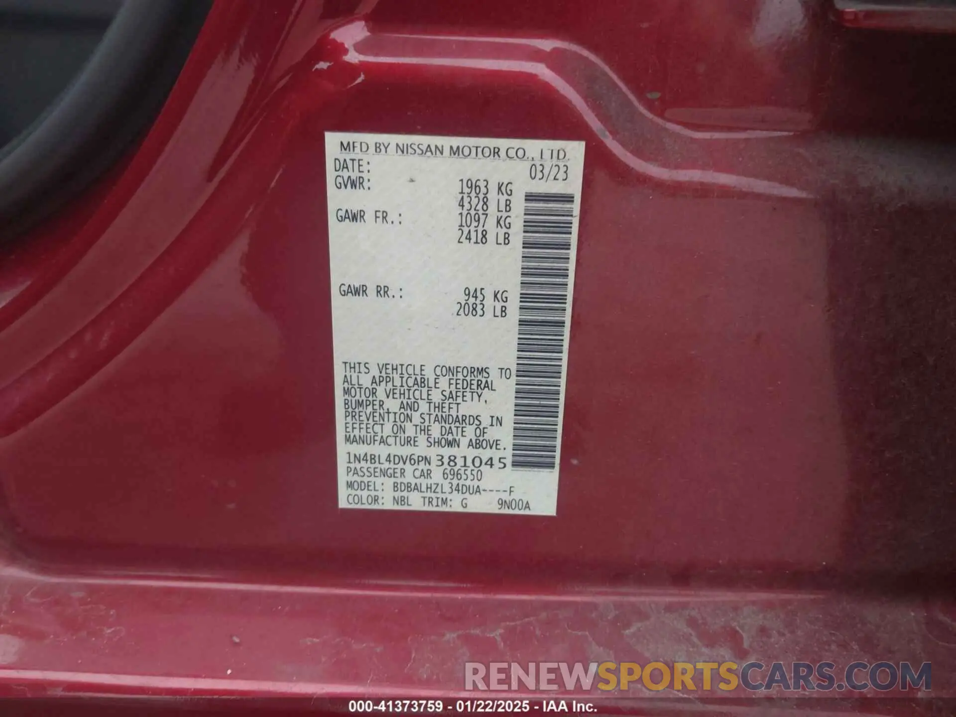 9 fotografías del automóvil dañado 1N4BL4DV6PN381045 NISSAN ALTIMA 2023