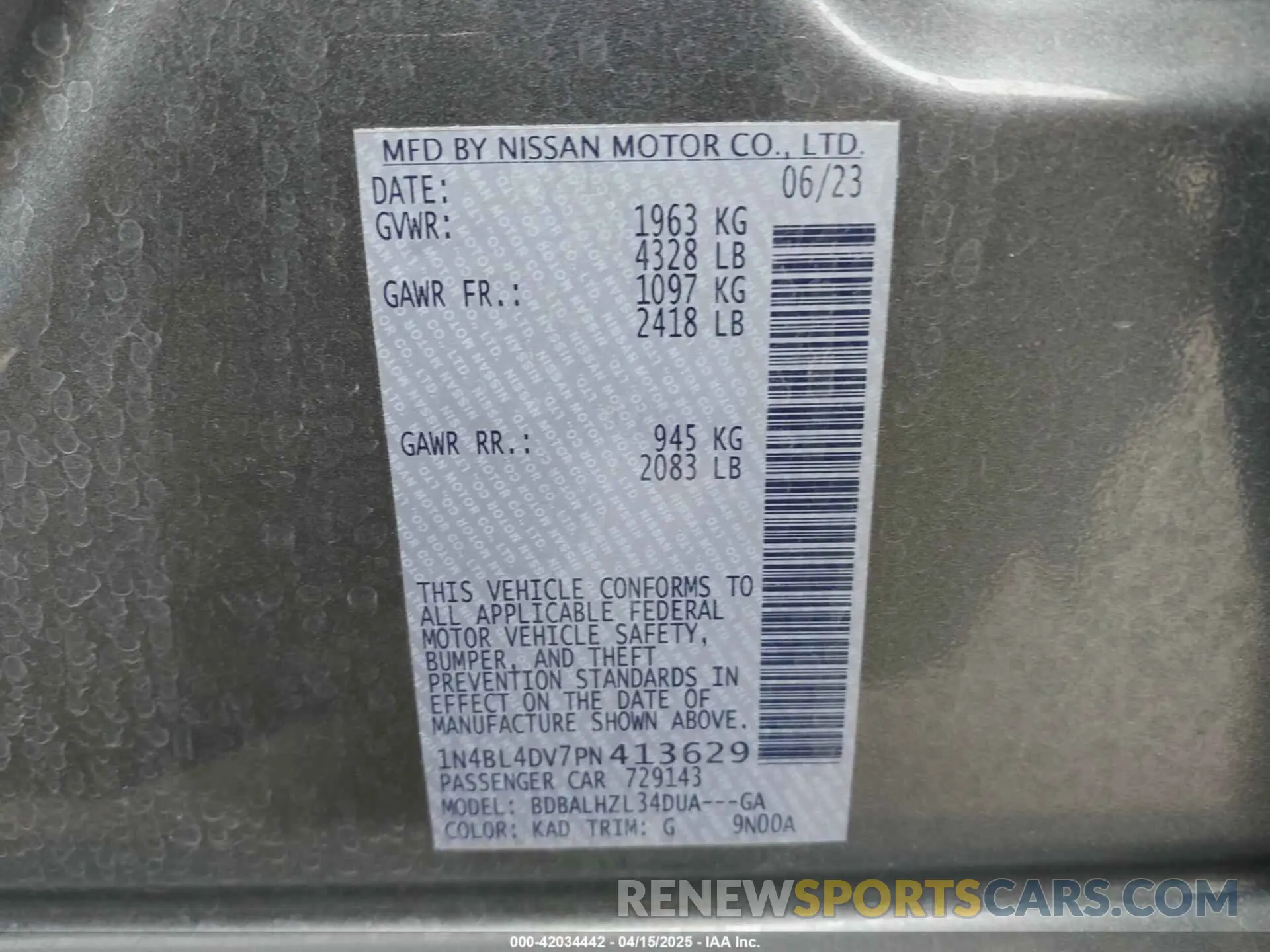 9 fotografías del automóvil dañado 1N4BL4DV7PN413629 NISSAN ALTIMA 2023