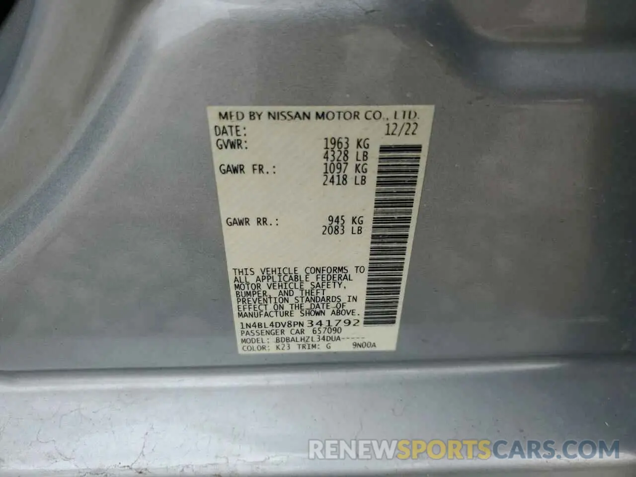 12 fotografías del automóvil dañado 1N4BL4DV8PN341792 NISSAN ALTIMA 2023