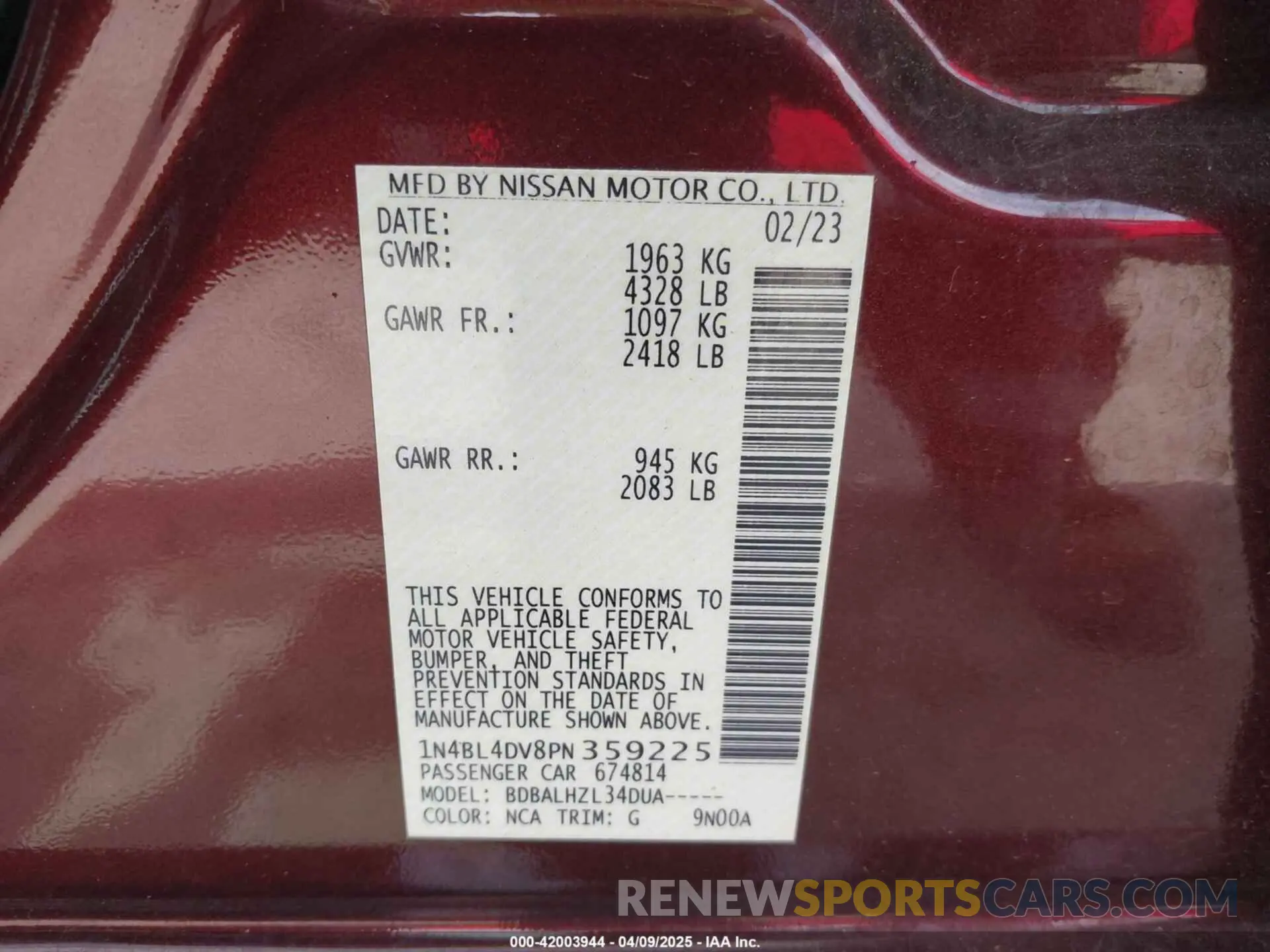 9 fotografías del automóvil dañado 1N4BL4DV8PN359225 NISSAN ALTIMA 2023