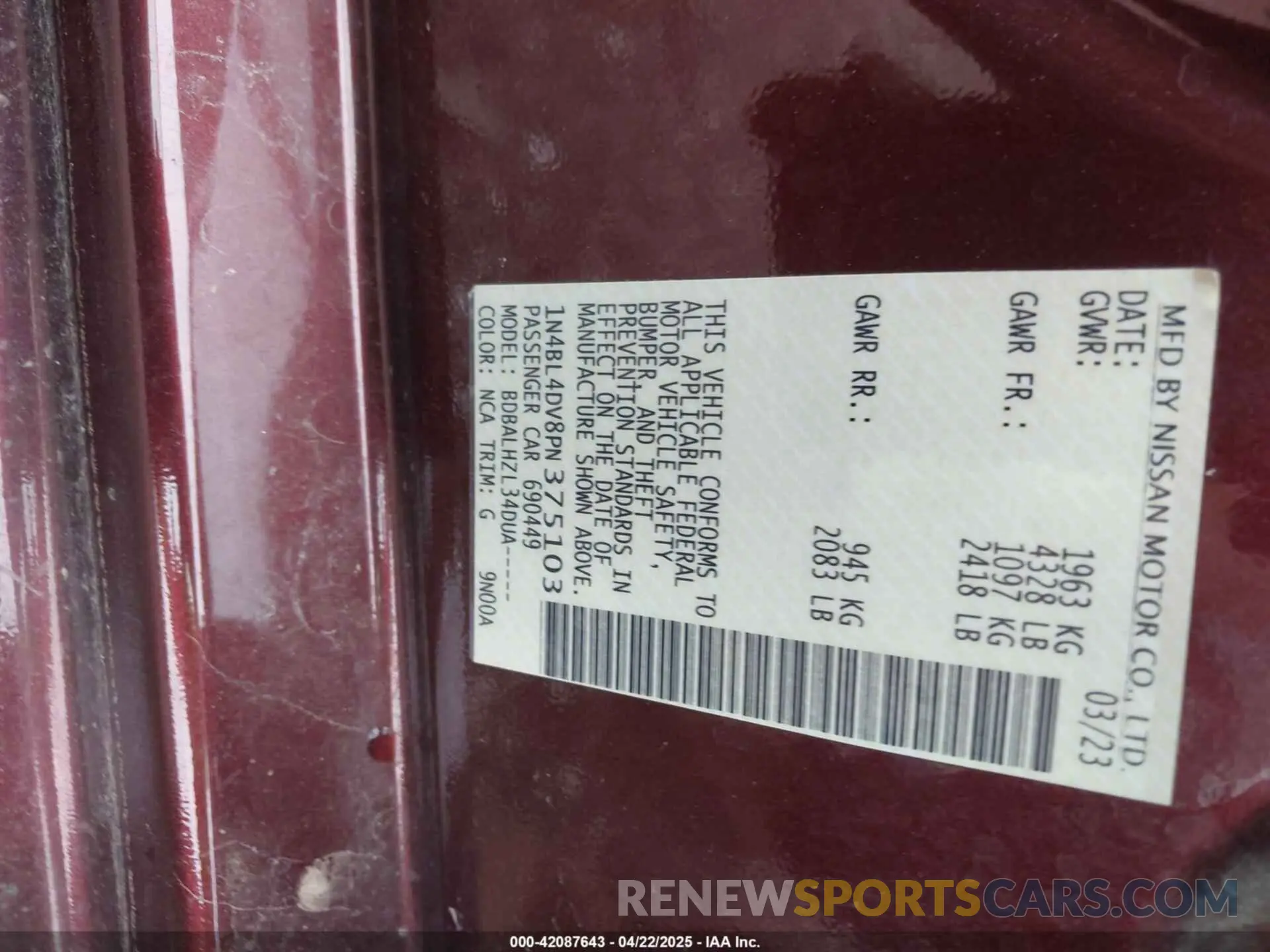 9 fotografías del automóvil dañado 1N4BL4DV8PN375103 NISSAN ALTIMA 2023