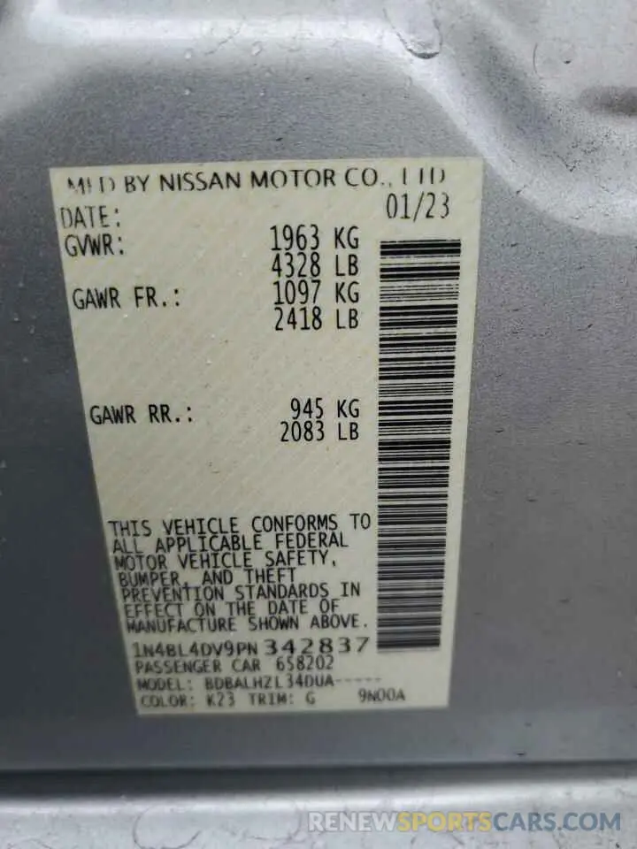 12 fotografías del automóvil dañado 1N4BL4DV9PN342837 NISSAN ALTIMA 2023