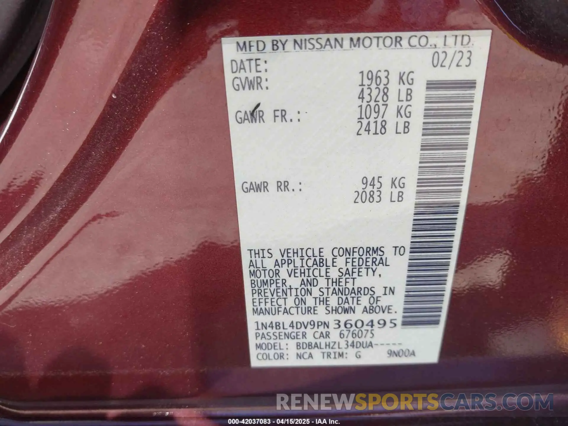 9 fotografías del automóvil dañado 1N4BL4DV9PN360495 NISSAN ALTIMA 2023