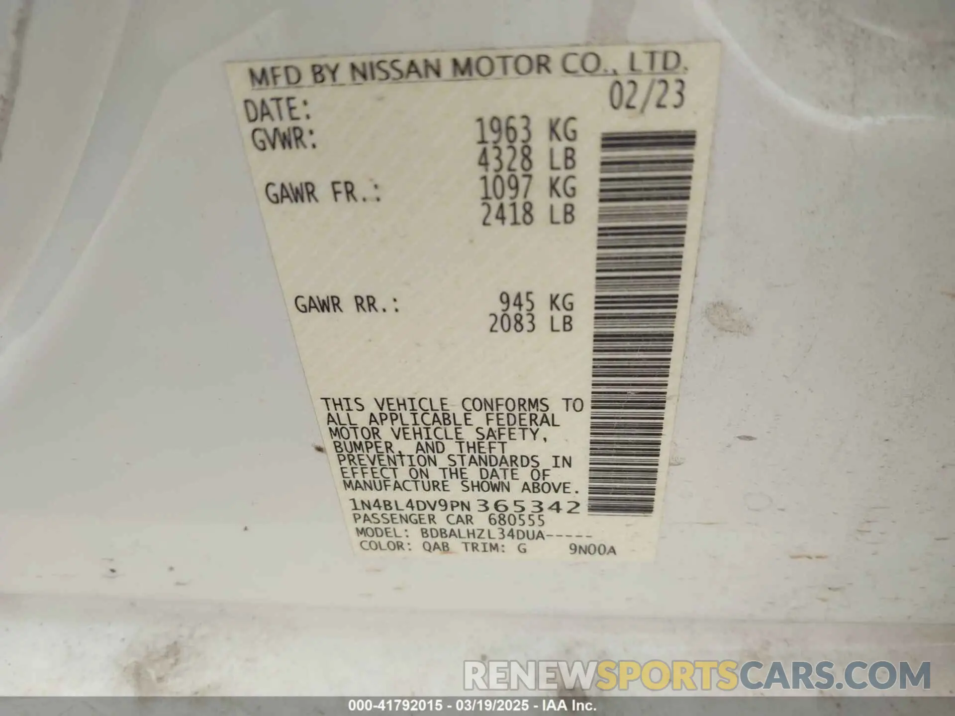 9 fotografías del automóvil dañado 1N4BL4DV9PN365342 NISSAN ALTIMA 2023