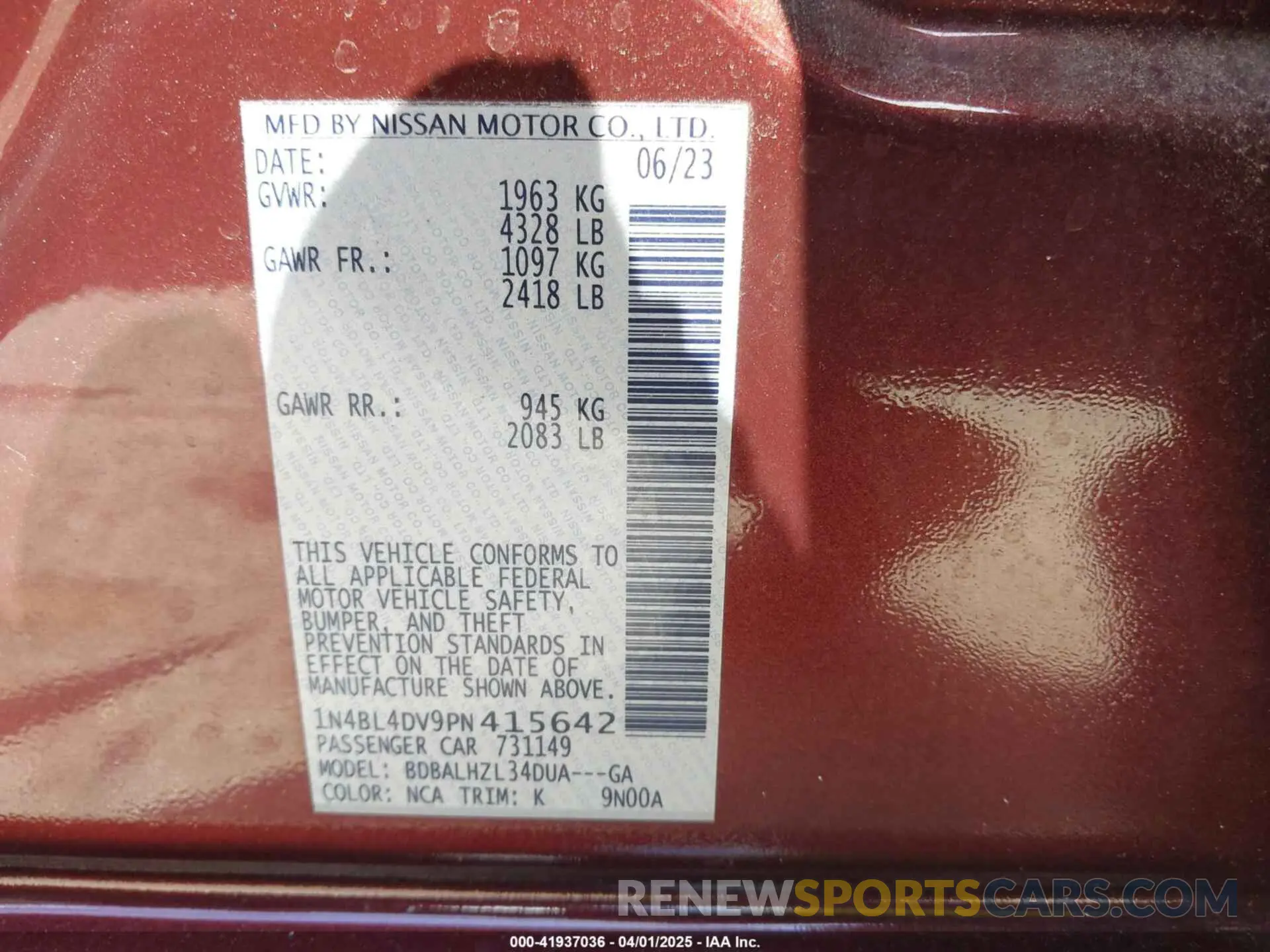 9 fotografías del automóvil dañado 1N4BL4DV9PN415642 NISSAN ALTIMA 2023