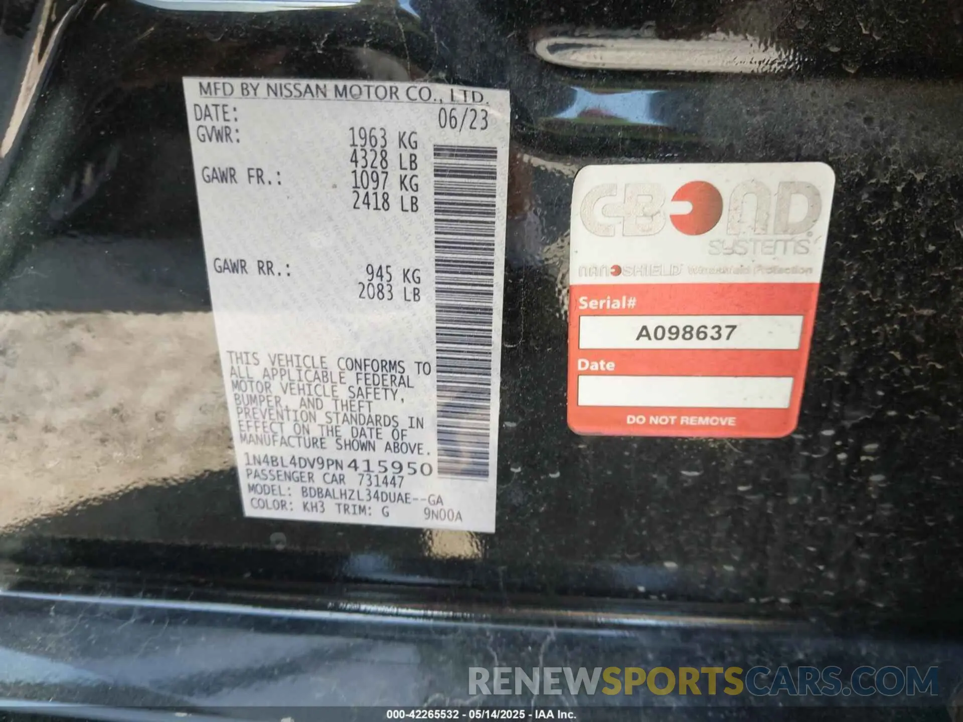 9 fotografías del automóvil dañado 1N4BL4DV9PN415950 NISSAN ALTIMA 2023