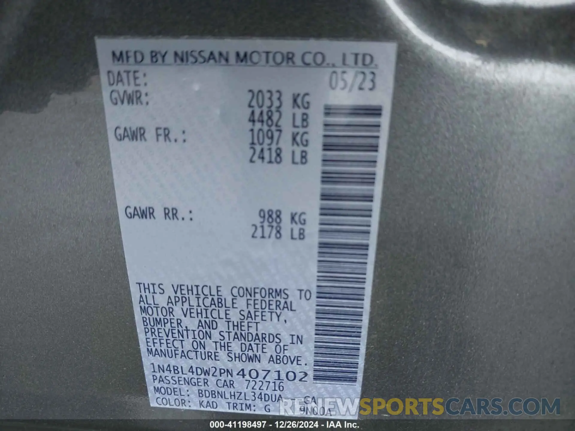 9 fotografías del automóvil dañado 1N4BL4DW2PN407102 NISSAN ALTIMA 2023