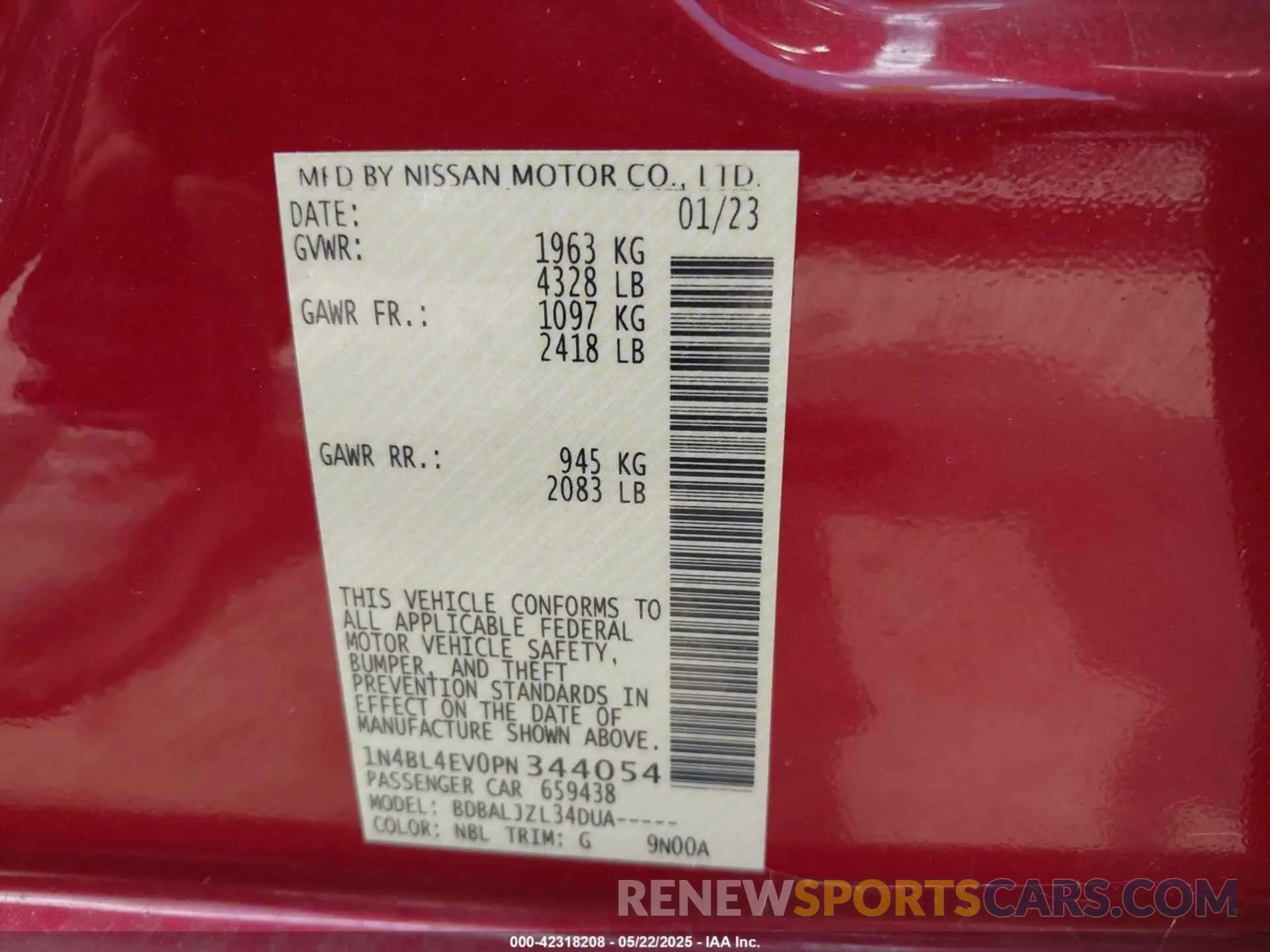 9 fotografías del automóvil dañado 1N4BL4EV0PN344054 NISSAN ALTIMA 2023