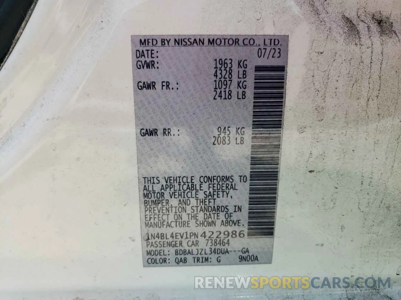 12 fotografías del automóvil dañado 1N4BL4EV1PN422986 NISSAN ALTIMA 2023