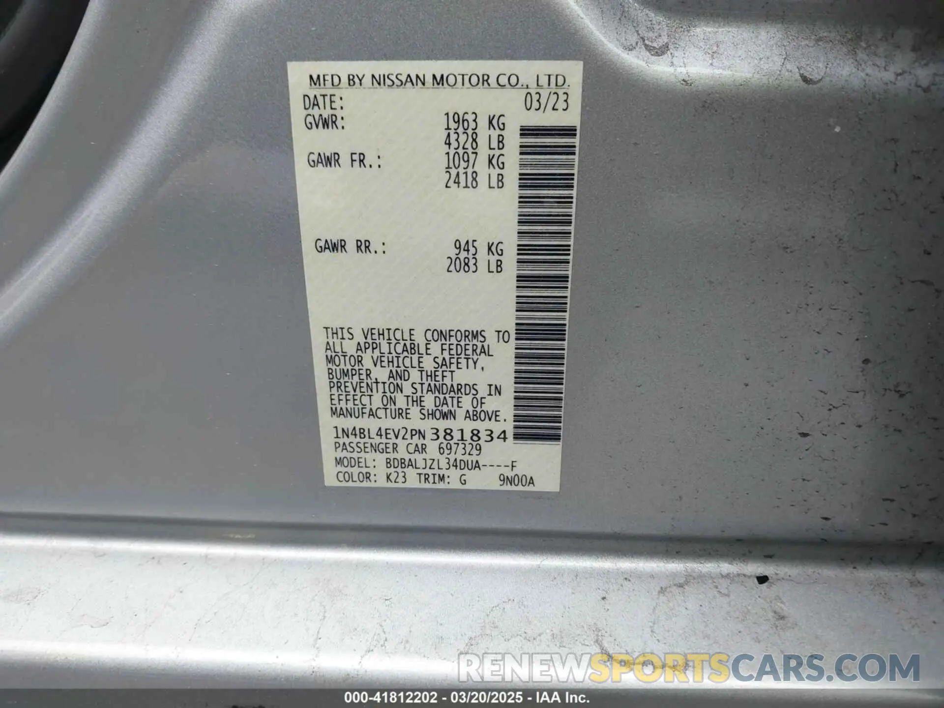 9 fotografías del automóvil dañado 1N4BL4EV2PN381834 NISSAN ALTIMA 2023