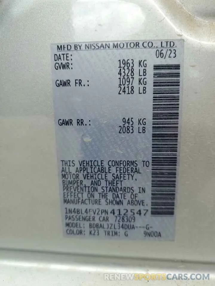 14 fotografías del automóvil dañado 1N4BL4EV2PN412547 NISSAN ALTIMA 2023