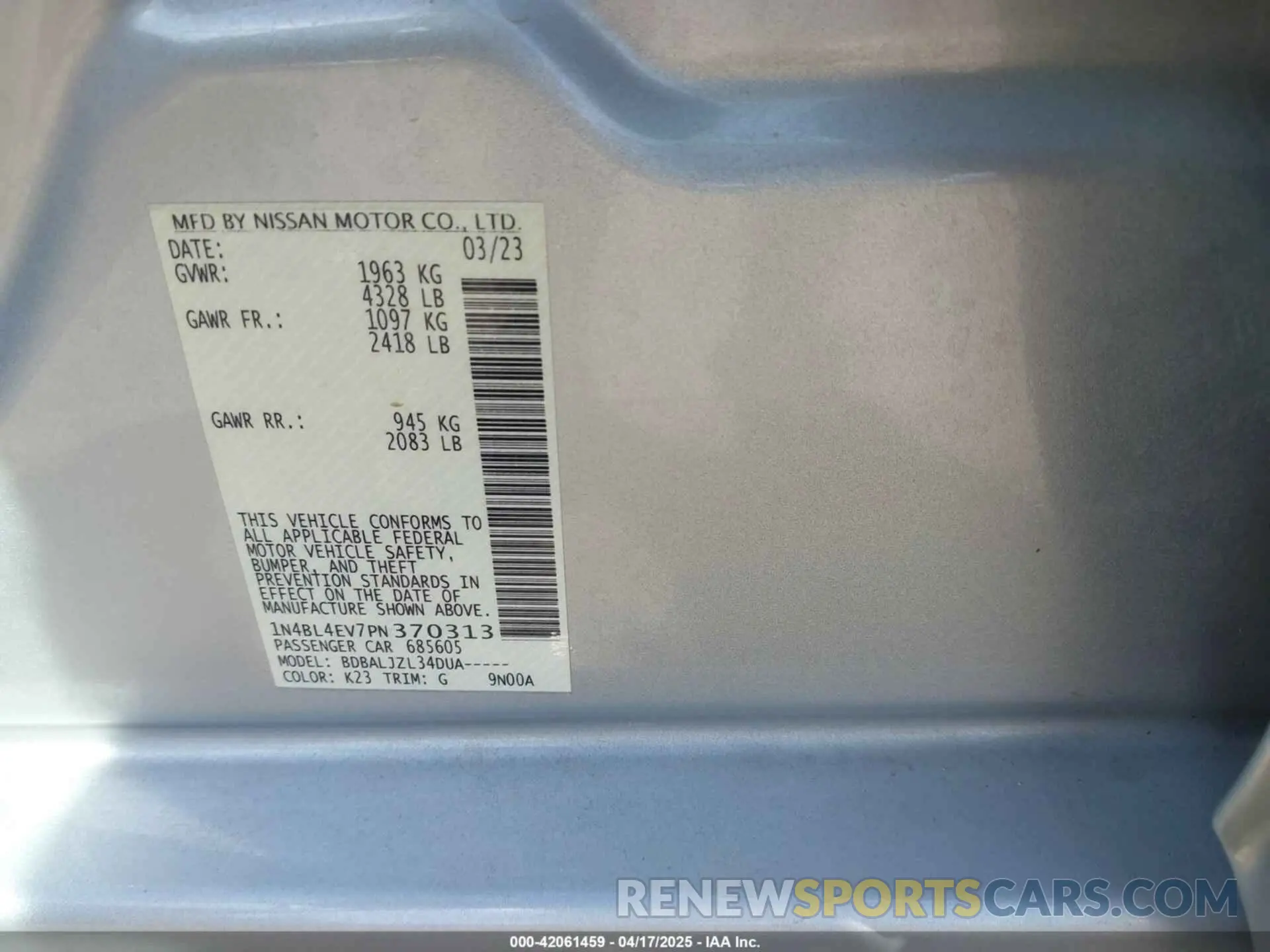 9 fotografías del automóvil dañado 1N4BL4EV7PN370313 NISSAN ALTIMA 2023