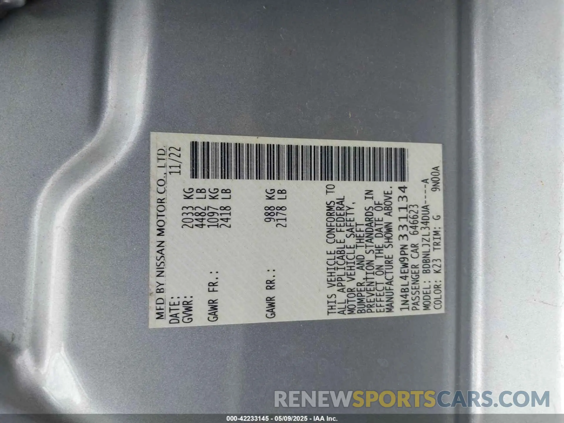 9 fotografías del automóvil dañado 1N4BL4EW9PN331134 NISSAN ALTIMA 2023