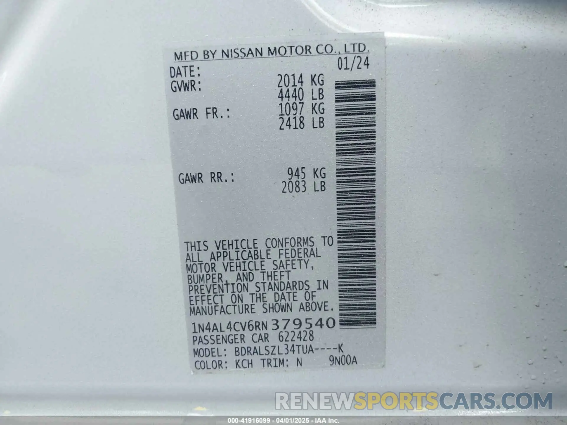 9 fotografías del automóvil dañado 1N4AL4CV6RN379540 NISSAN ALTIMA 2024