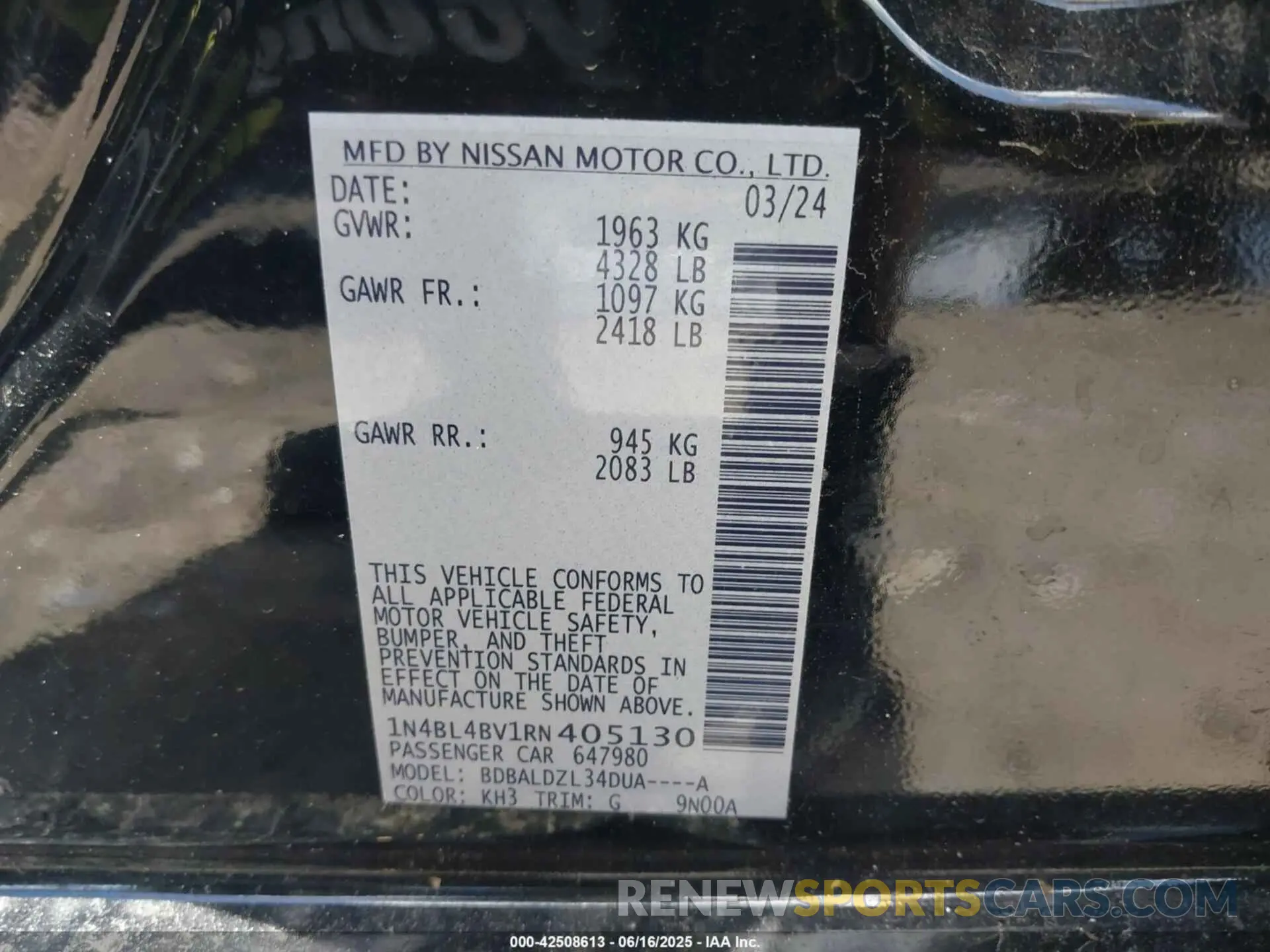 9 fotografías del automóvil dañado 1N4BL4BV1RN405130 NISSAN ALTIMA 2024
