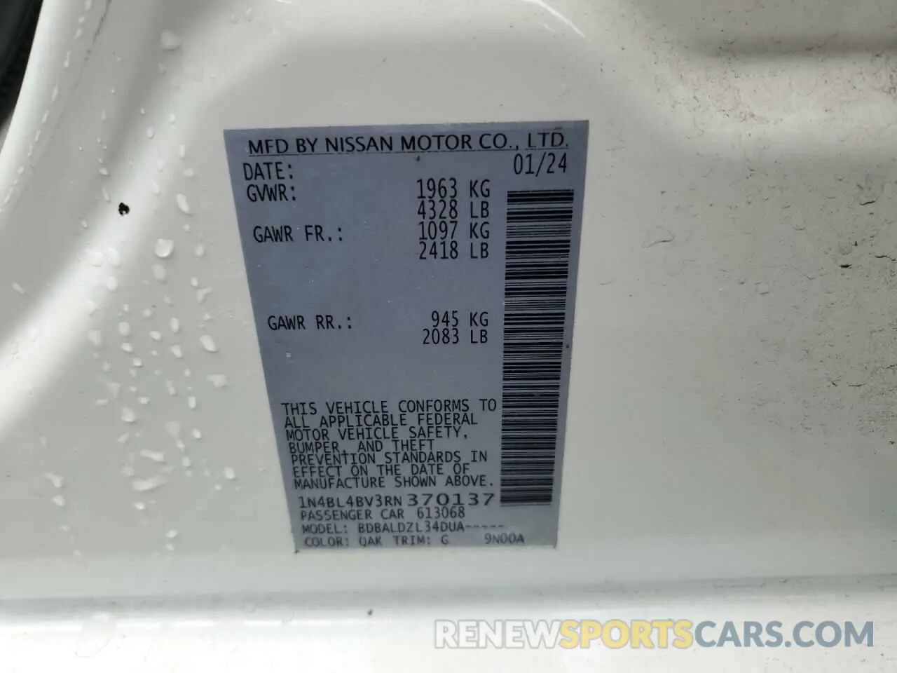12 fotografías del automóvil dañado 1N4BL4BV3RN370137 NISSAN ALTIMA 2024