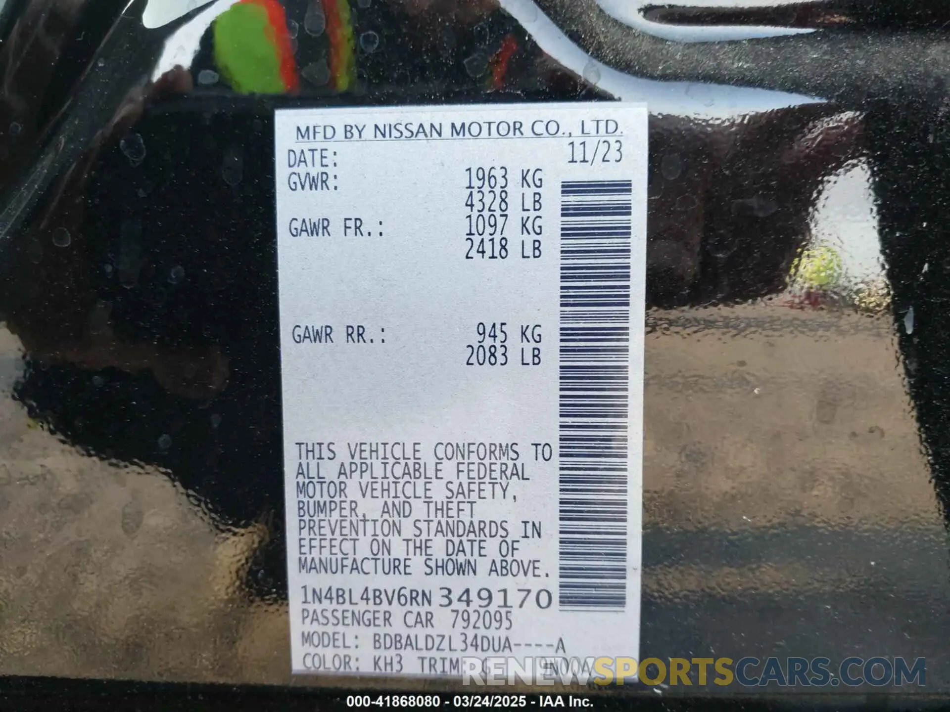 9 fotografías del automóvil dañado 1N4BL4BV6RN349170 NISSAN ALTIMA 2024