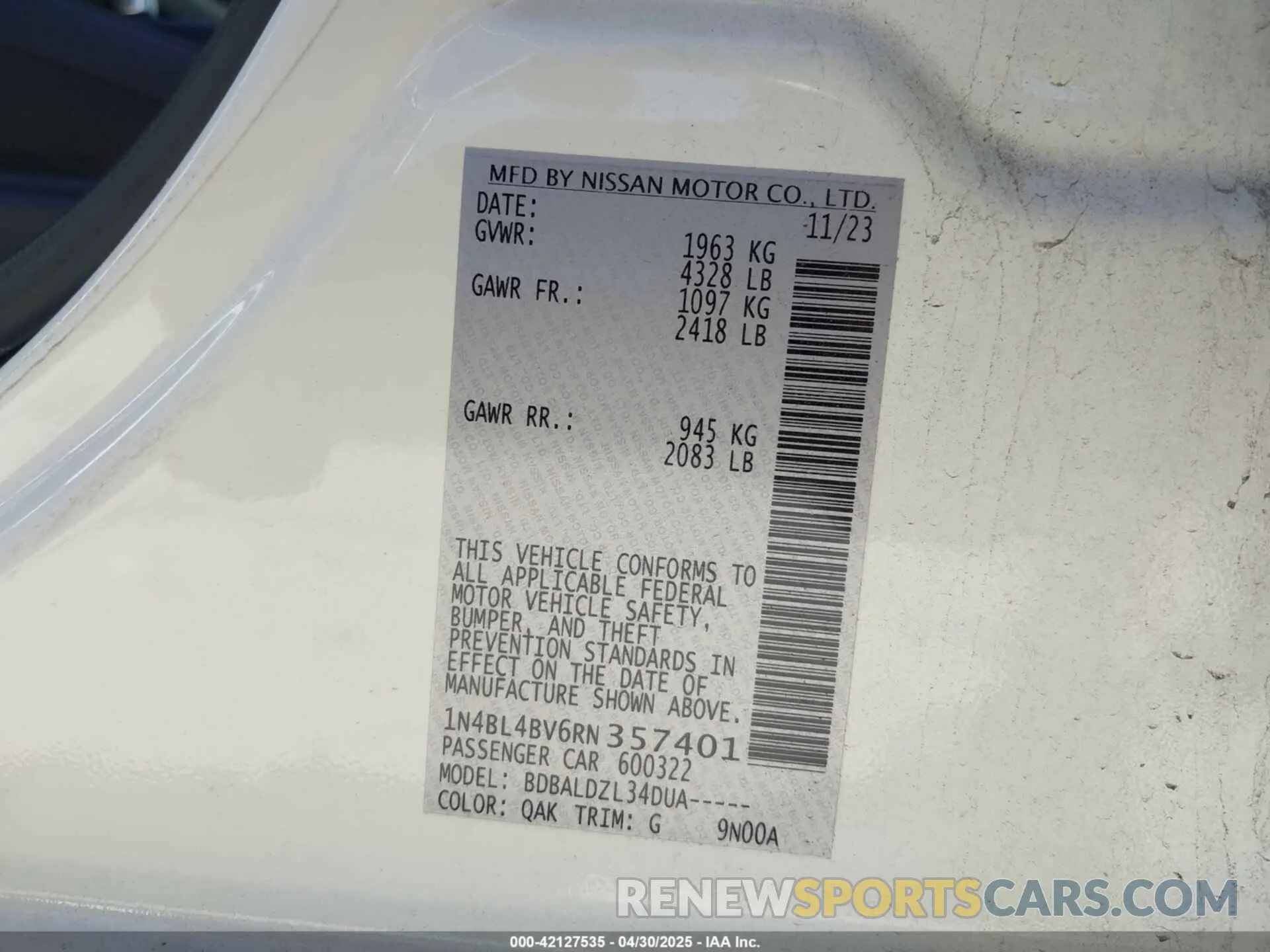 9 fotografías del automóvil dañado 1N4BL4BV6RN357401 NISSAN ALTIMA 2024