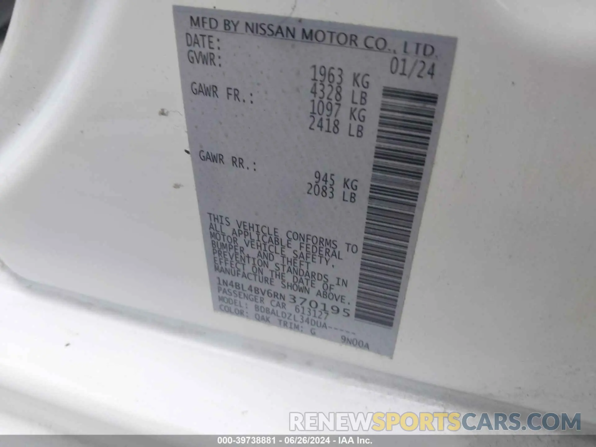 9 fotografías del automóvil dañado 1N4BL4BV6RN370195 NISSAN ALTIMA 2024