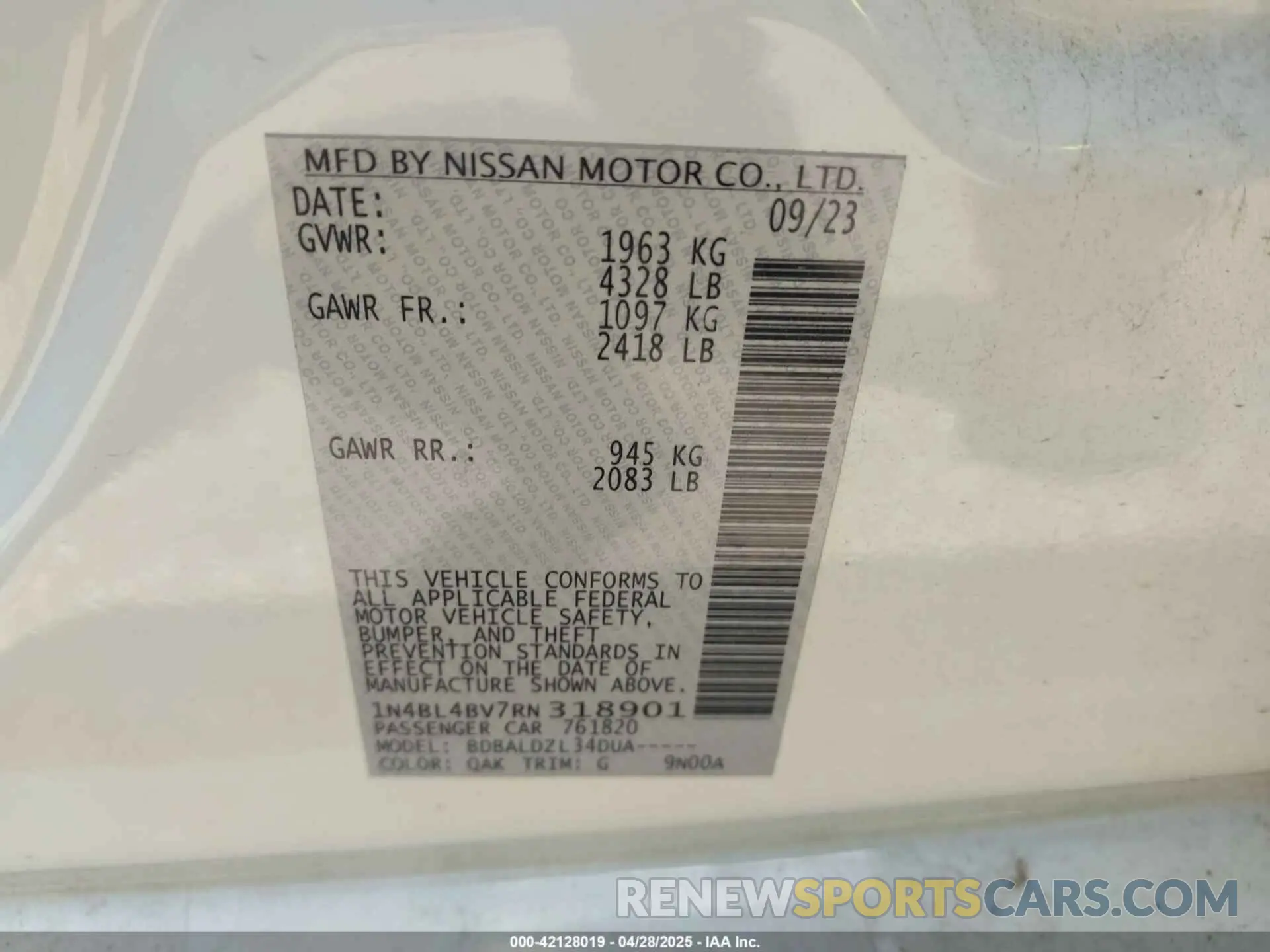 9 fotografías del automóvil dañado 1N4BL4BV7RN318901 NISSAN ALTIMA 2024