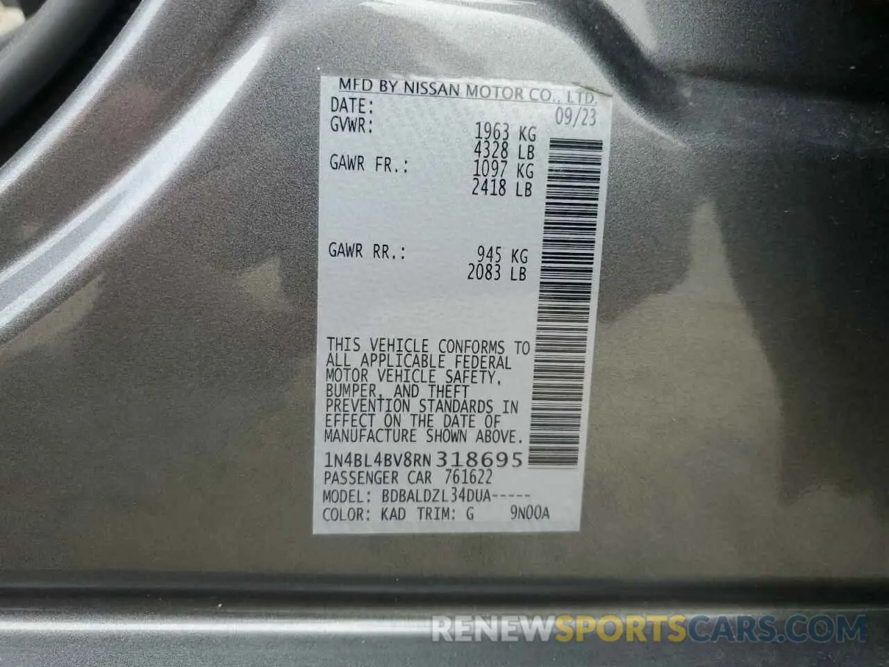 12 fotografías del automóvil dañado 1N4BL4BV8RN318695 NISSAN ALTIMA 2024
