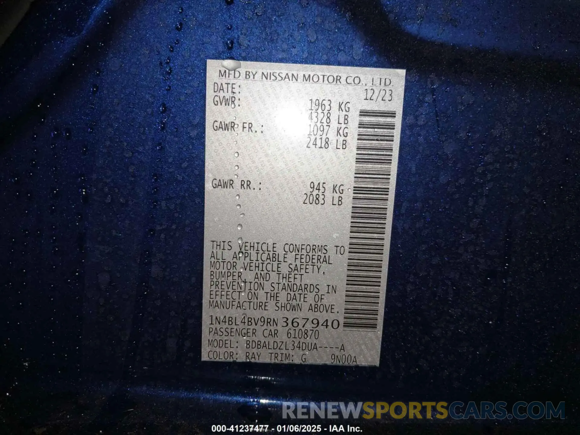 9 fotografías del automóvil dañado 1N4BL4BV9RN367940 NISSAN ALTIMA 2024