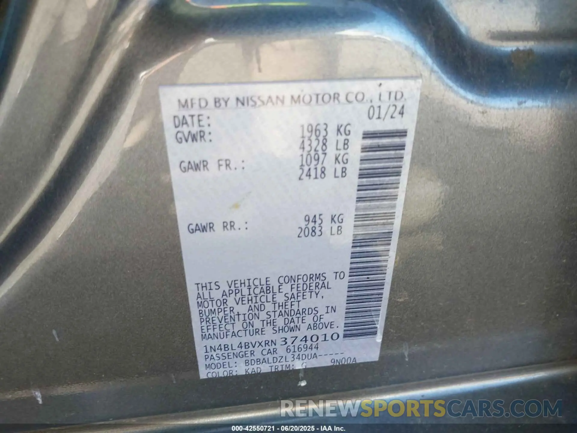 9 fotografías del automóvil dañado 1N4BL4BVXRN374010 NISSAN ALTIMA 2024