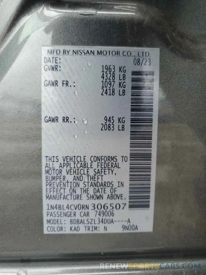 12 fotografías del automóvil dañado 1N4BL4CV0RN306507 NISSAN ALTIMA 2024
