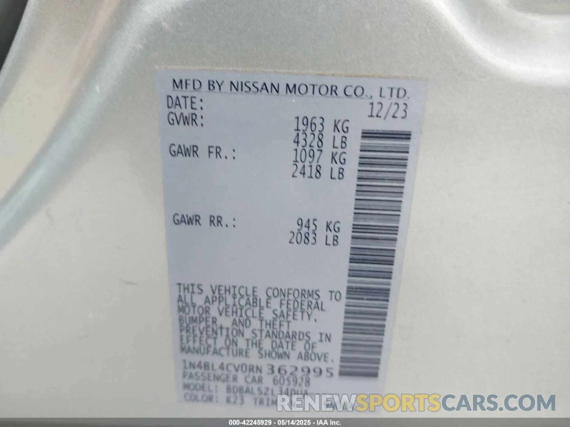 9 fotografías del automóvil dañado 1N4BL4CV0RN362995 NISSAN ALTIMA 2024