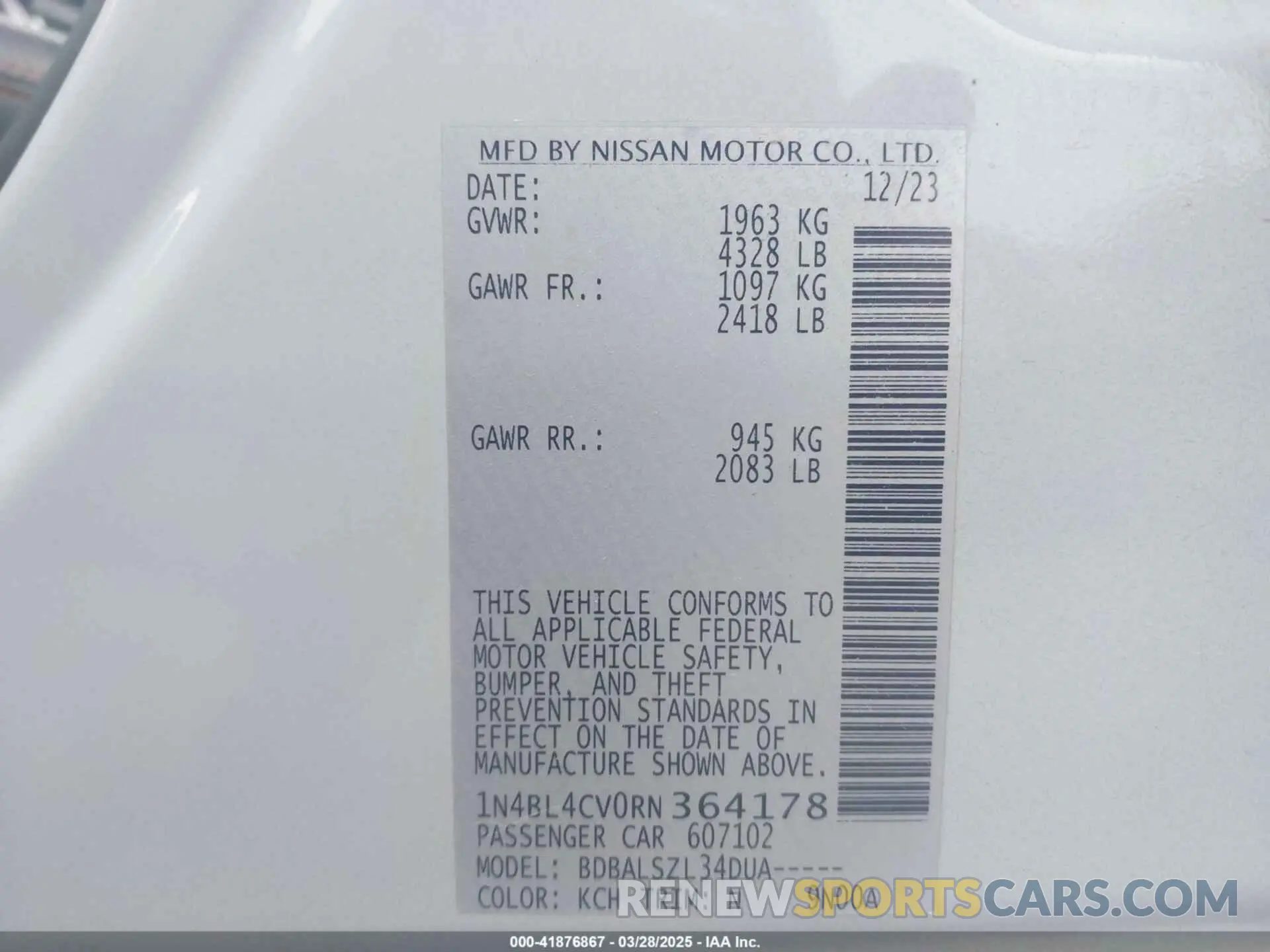 9 fotografías del automóvil dañado 1N4BL4CV0RN364178 NISSAN ALTIMA 2024