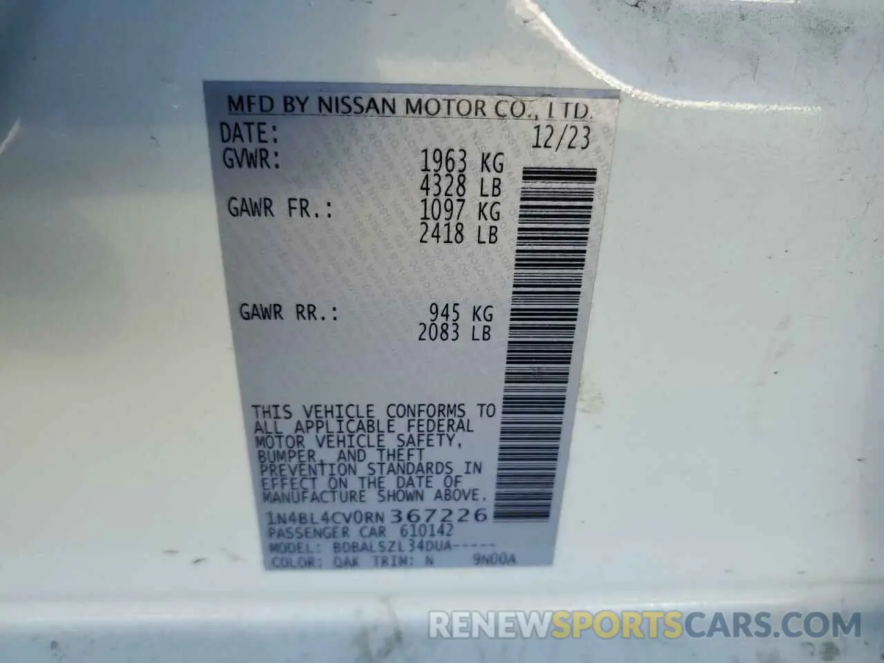 12 fotografías del automóvil dañado 1N4BL4CV0RN367226 NISSAN ALTIMA 2024